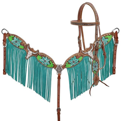 Showman Steer Skull & Cactus Leather Headstall & Breast Collar Set w/Fringe