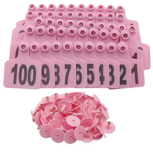 Cattle Ear Tags Large Plastic Livestock Ear Tag Marker for Pig Goat Cattle Cow Animal Identification Ear Tags, Numbered 001-100 (Pink) - style: Pink