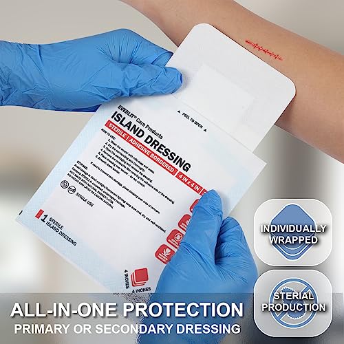 EVERLIT Island Dressing Bordered Gauze | Large Wound Care Bandage with Adhesive Border| Sterile, Soft & Highly Absorbent Medical Grade Dressing Pad (4x4 Inch (Pack of 50)) - size: 4x4 Inch (Pack of 50)