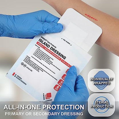 EVERLIT Island Dressing Bordered Gauze | Large Wound Care Bandage with Adhesive Border| Sterile, Soft & Highly Absorbent Medical Grade Dressing Pad (4x4 Inch (Pack of 50)) - size: 4x4 Inch (Pack of 50)