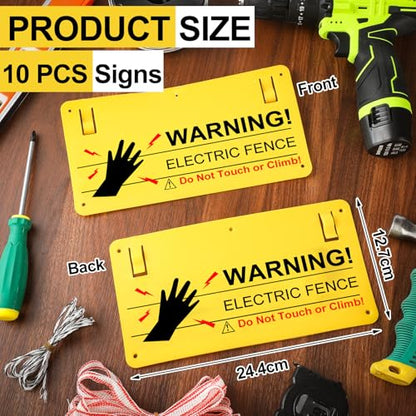 Electric Fence Warning Signs, 10 Pcs, 9.6x5 in, Plastic, Farm Home