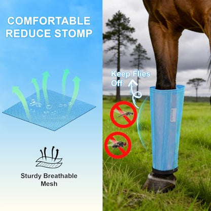 Fly Boots for Horses Set of 4, Loose Fitting Mesh Horse Fly Boots Leggings, Reduce-Stomping Adjustable Equine Leg Wraps & Socks, Stay Up Not Sag, No Rub (Sky Blue) - color: Sky Blue