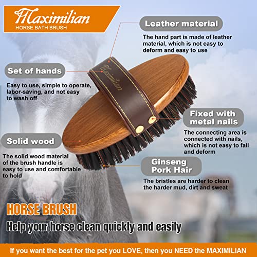 MAXIMILIAN Handmade Horse Brush Professional Horse Brushes for Grooming | 4cm Boar&PP Bristles,Beech Wood Brush Back,Double-Layer Belt,Horse Finishing Brush,Effective Remove Loose Hair Dust Dirt Mud
