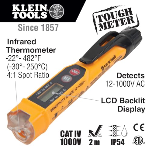 Klein Tools NCVT-4IR Non-Contact Voltage Tester, 12-1000V AC Pen with IR Thermometer -22 to 482-Degree Fahrenheit, LED and Audible Alarms, Pocket Clip - style: with Infrared Thermometer
