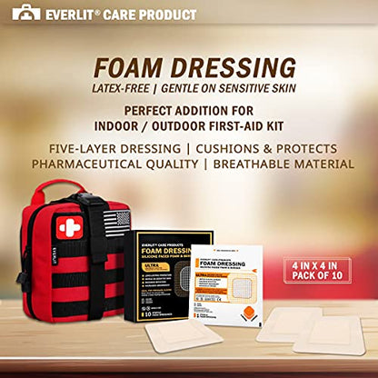 EVERLIT Care Silicone Foam Dressing with Adhesive Border | Highly Absorbent Hypoallergenic Bandages for Chronic Wounds, Bed Sores, Pressure Ulcers | Gentle & Secure Adhesion (4" x 4" | 10 Pack) - size: 10 Count (Pack of 1)