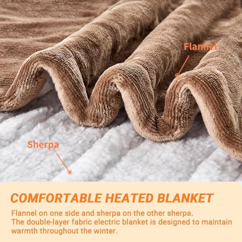 Electric Blanket Heated Queen, Soft Flannel 84"x90" Heating Blanket with 8 Hours Auto Off 10 Fast Heating Levels Machine Washable Sherpa Heated Blanket with Overheating Protection - color: Tan, size: Queen(84" x 90")