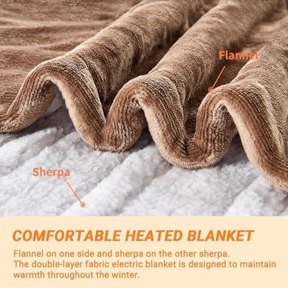Electric Blanket Heated Queen, Soft Flannel 84"x90" Heating Blanket with 8 Hours Auto Off 10 Fast Heating Levels Machine Washable Sherpa Heated Blanket with Overheating Protection - color: Tan, size: Queen(84" x 90")