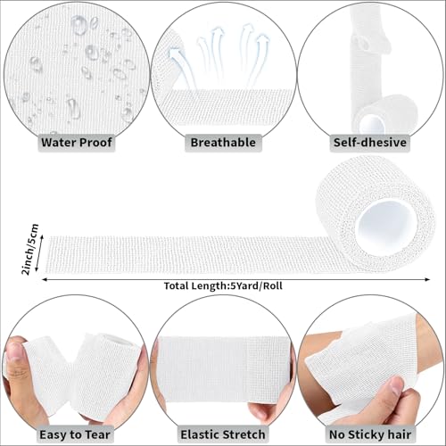 120 Pack White Vet Wrap Cohesive Bandage, 2 Inch x 5 Yards Self Adhesive Elastic Wrap Bulk, Breathable Bandage Tape for Dogs, Pets, Horses, Sports, Wrist, Ankle & First Aid