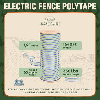 Electric Fence Polytape 1640ft, 3/4" Fence Tape, 6 Tinned Copper Wires - size: 1640 ft