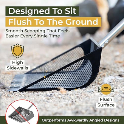 2-in-1 Chicken Coop Poop Scooper and Rake - Metal Sand Sifting Litter Scoop Shovel with Angled Basket and Micro-Sized Diamond Mesh to Catch the Smallest Farm Animal Droppings - Adjustable 12" to 53"