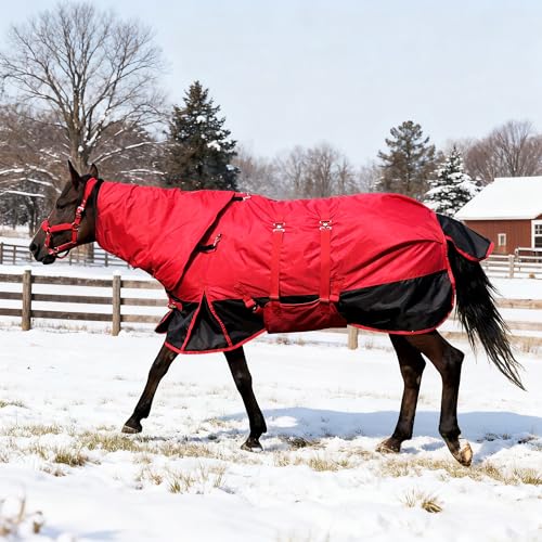 Winter Horse Blanket 1200D, Turnout Blanket Rug with Belly Wrap Horse Coat Equine Blanket Medium Weight with 220G Filling Horse Sheet with Turnout Neck Cover Detachable (Red, 155CM/81inch) - color: Red - Upgraded version, size: US81 in(EU155 cm)