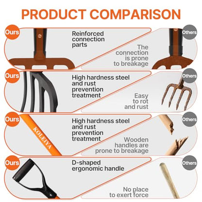 KOLEIYA 4-Tine Garden Fork,Heavy Duty Pitch Fork for Gardening,Digging Fork and Spading Fork for Loosening Soil,Compost Fork with Fiberglass Handle,45 Inch