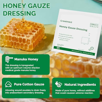Greetmed Honey Gauze Wound Dressing 4" x 4" Medical Grade Manuka Honey Wound Care Pads Honey Bandages for 1st & 2nd-Degree Burns, Abrasions, Cuts and Scalds (Individually Pack of 10) - size: 4“ x 4”(10 Packs)