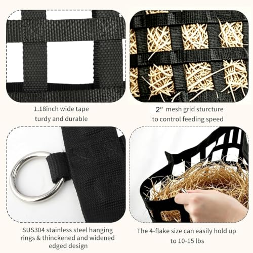 Slow Feed Hay Net for Horses, Durable Hay Feeder Net with O-Rings for Horses Goats Donkeys Sheep Full Day Feeding, Easy to Fill & Hang, Large Capacity, 37" x 30", 2" Holes, Black