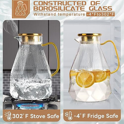 Glass Pitcher, 3 Liter Water Pitcher With Lid | Iced Tea Pitcher for Fridge, Glass Water Carafe With Lid, Glass Water Jug, Large Drink Pitcher For Juice, Milk, Cold Or Hot - size: 3.0 liters