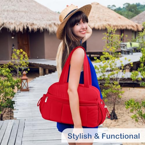 TOPDesign Travel Duffel Bag for Women, Puffer Gym Bag Sports Tote with Wet Pocket, Carry On Weekender with Luggage Sleeve (Red) - color: Red