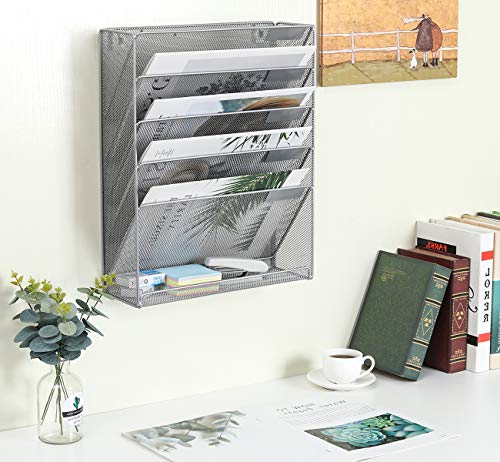 EasyPAG 5 Tier Wall File Holder, Mesh Hanging Folder Organizer with Classify Label, Versatile Desk File Holder, Vertical Wall Mounted Mail Organizer for Office Home Cubicle, Pink - color: Pink