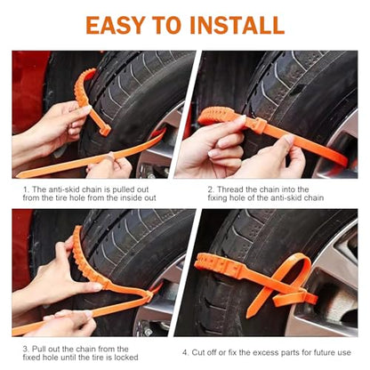 12 PCS Car Snow Tire Chains, Spiral Anti-skid Traction Straps, Portable Adjustable Zip Tie Tire Chain for Winter, Ice & Sand & Mud Emergency Accessory for Cars SUVs Trucks (Orange)