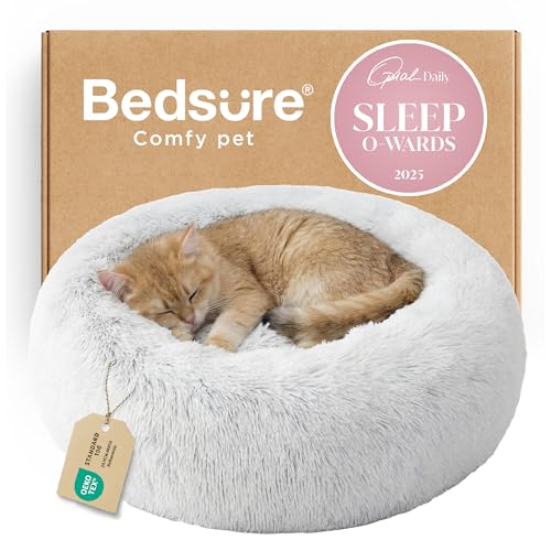 Bedsure Calming Cat Beds Donut Round Washable Kitten Bed,20 inches | Fluffy Faux Fur Cuddler,Anti-Slip Bottom,Anti-Anxiety,Deep Sleeping for Cats&Small Pets Up to 15 Lbs,Frost Grey - color: Frost Grey, size: 20"L x 20"W x 6"Th