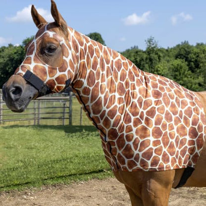 Country Pride Ultra-Premium Lycra Head and Shoulder Hood, Giraffe Print, Full Separating Zipper, Extra-Large No-Rub Eye Holes, Adjustable 2-Inch Elastic Girth Strap, Pre-Show & Stable Use (Medium) - size: Medium