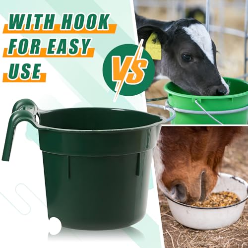 Reallnaive 4 Pcs 8.5 Quart Hook Over Horse Feed Bucket, Hanging Plastic Livestock Animals Feed Bucket for Stall, Mountable Round Horse Goats Feeder for Feeding and Watering Supplies