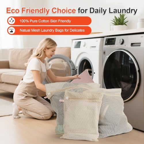 MADIKA 100% Cotton Mesh Laundry Bags, Organic Cotton Laundry bags, No Dye, Set of 4, Natural - size: XL/L/M/S