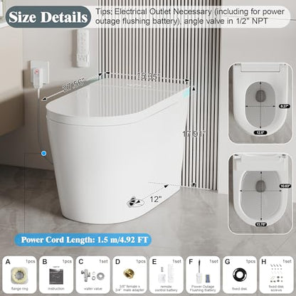Smart Toilet with Bidet Built In Heated Seat Auto Flush Manual Seat&Lid | Warm Water Wash & Air Dry LED Display Tankless Electric One Piece Toilet for Bathroom with Siphon Dual Flush 0.8/1 GPF - color: Pearl White