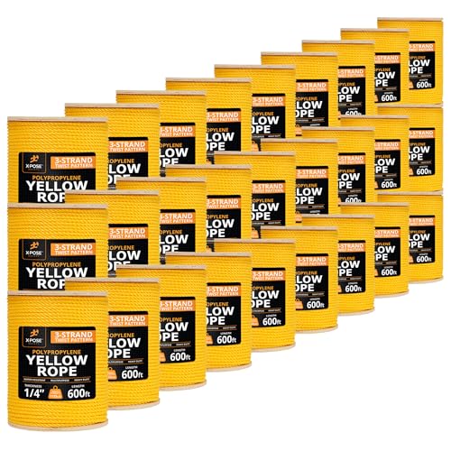Yellow Twisted Polypropylene Rope, 1/4" Thickness x 600' Length Heavy Duty Poly Ropes for Outdoor and Marine Use, Yellow Rope for Visibility & Safety - 36 Packs - size: 1/4" X 600'