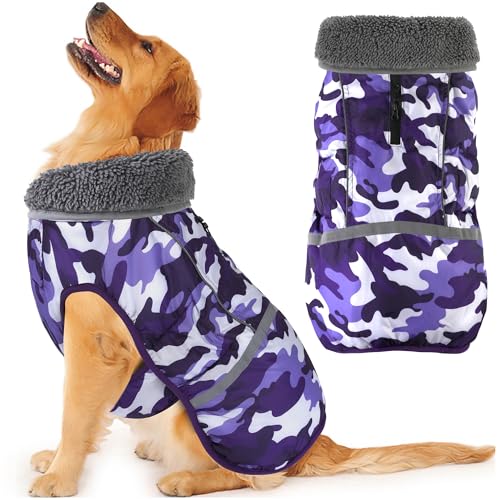 Dogcheer Warm Dog Coat, Waterproof Dog Jacket Christmas Puppy Winter Coat with Buckle, Reflective Adjustable Pet Snow Jacket Turtleneck Fleece Sweater for Small Medium Large Dogs - Camo Purple, S - color: Camo Purple, size: Small