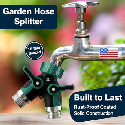 DBR Tech® Hose Splitter 2 Way, Heavy Duty Metal Connector, Two Way Garden Hose Splitter, High Flow Spigot Faucet Bib Adapter, Solid Double Y Shut Off Valve for Outdoor Gardening Hoses, Green - color: Green