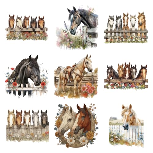 arricraft 9 Sheets Horses Theme Iron on Stickers, Flowers Fences Horses Pattern Print Transfer Stickers Decals for DIY T-Shirt Jeans Backpacks Families Clothing Hat Decoration Applique - style: Horses Theme