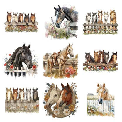 arricraft 9 Sheets Horses Theme Iron on Stickers, Flowers Fences Horses Pattern Print Transfer Stickers Decals for DIY T-Shirt Jeans Backpacks Families Clothing Hat Decoration Applique - style: Horses Theme