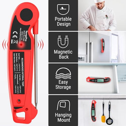 TempPro TempSwift Instant Read Meat Thermometer for Cooking | Waterproof Digital Food Thermometer with Large Backlit LCD, Kitchen Thermometer for Grilling, Smoking & Candy Making - color: Red