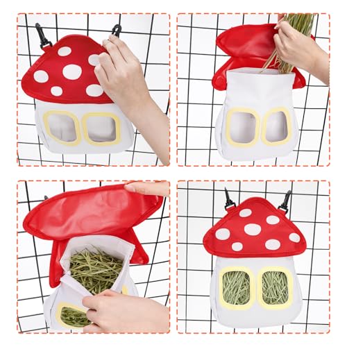 Eorbow Bunny Hay Feeder Bag, Cute Mushroom Hanging Hay Holder, Durable Hay Dispenser with 600D Oxford Fabric for Guinea Pigs Chinchillas Hamster, Small Animal Cage Accessories