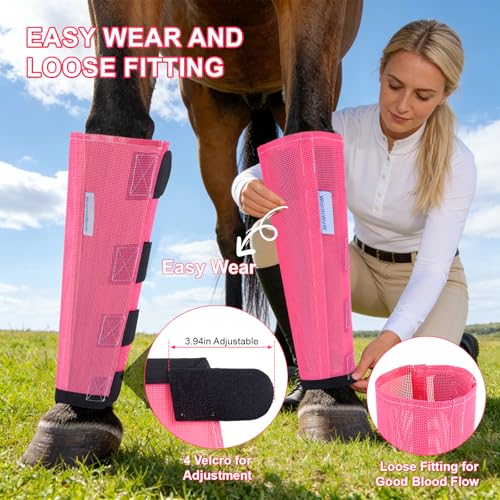 Fly Boots for Horses Set of 4, Loose Fitting Mesh Horse Fly Boots Leggings, Reduce-Stomping Adjustable Equine Leg Wraps & Socks, Stay Up Not Sag, No Rub (Magenta) - color: Magenta