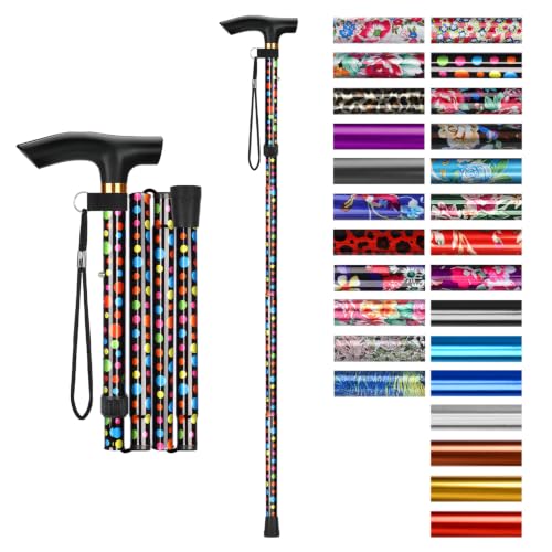 supregear Folding Cane, 5-Level Adjustable Height Walking Stick Lightweight Collapsible Portable Travel Cane with Wrist Strap and T Handle for Elderly Disabled Men Women - color: Black Polka Dots
