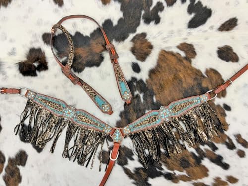 Showman Bejeweled Metallic Leopard Print Leather Headstall & Breast Collar Set