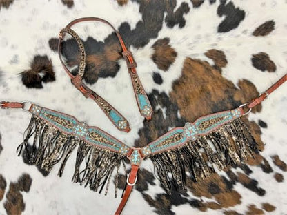 Showman Bejeweled Metallic Leopard Print Leather Headstall & Breast Collar Set