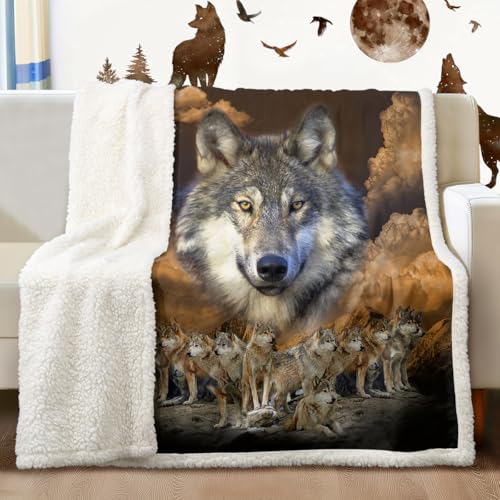 Sleepwish Gold Wolf Fleece Blanket Indian Blanket Plush - color: Black Cloud Wolf Group, size: Throw