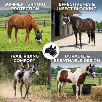 1PCS Fly Mask for Horses, Summer Turnout Protection with Enhanced Visibility, Breathable Mesh and Knit Fabric Design, Tangle-Free Fly Mask for Outdoor Riding and Stable Management (Full (Large))