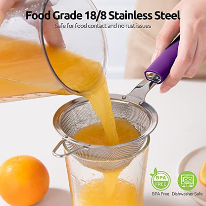 18/8 Stainless Steel Mesh Strainer: U-Taste 3.9 Inch Kitchen Fine Mesh Sieve Food Colander with Riveted Sturdy Silicone Handle and 30 Mesh Hole for Straining Flour, Quinoa, Tea, Juice (Purple) - color: (5) Purple, size: Small (3.9 x 11.1 in)