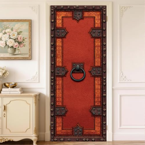 Medieval Red Door Mural, Rustic Iron Studded Door Cover - color: Colorful1669