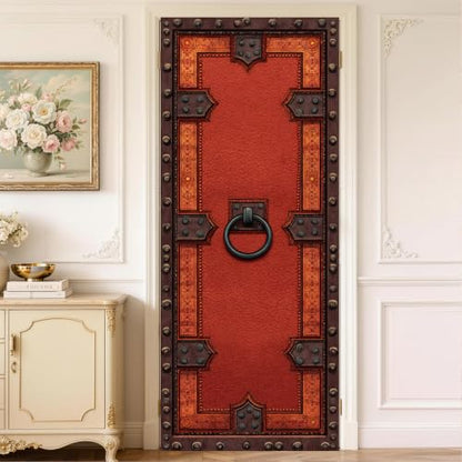 Medieval Red Door Mural, Rustic Iron Studded Door Cover - color: Colorful1669