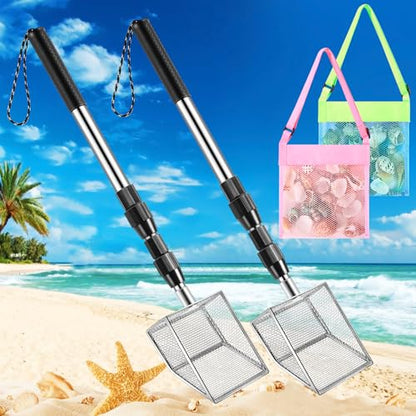 2 Pack Shark Tooth Sifter with 2 Seashell Bags for Beach - size: Long Handle-4Pack