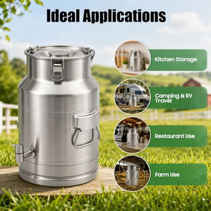15L/4Gal Milk Can with Spigot, Water Beverage Dispenser Pail | Food Grade Bulk Storage Container, Commercial Liquid Dispenser with 3 Clips for Milk Wine Water Oil