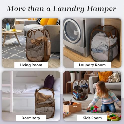Handy Laundry Collapsible Mesh Pop Up Laundry Hamper with Side Pocket - color: Brown, 1-PACK