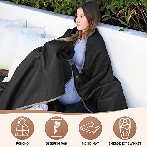 Tirrinia Waterproof Outdoor Blanket with Sherpa Lining, Windproof Foldable - color: Black/Grey, size: 66” x 90”