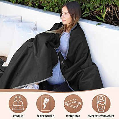 Tirrinia Waterproof Outdoor Blanket with Sherpa Lining, Windproof Foldable - color: Black/Grey, size: 66” x 90”