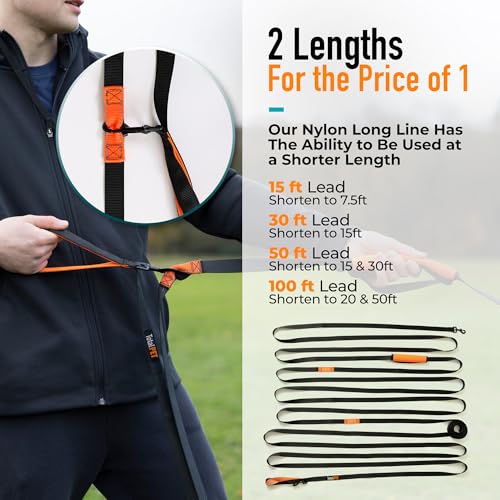 30ft Long Leash for Dogs - Long Line Dog Leash for Training Recall/Commands at Distance - Nylon, Heavy Duty - Ideal for Large & Small Breeds - size: 30ft