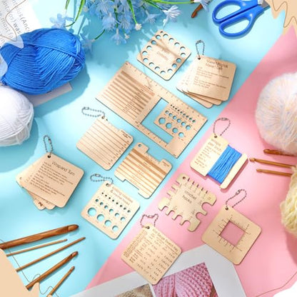 Eersida 15Pcs Wooden Knitting Gauge Set Yarn Tool with Ruler & Chain, Basic | Needle Gauge Measuring Tools, Crafts Knitting Supplies Accessories, Multi-size Holes for Beginner Knitting Crochet Lover